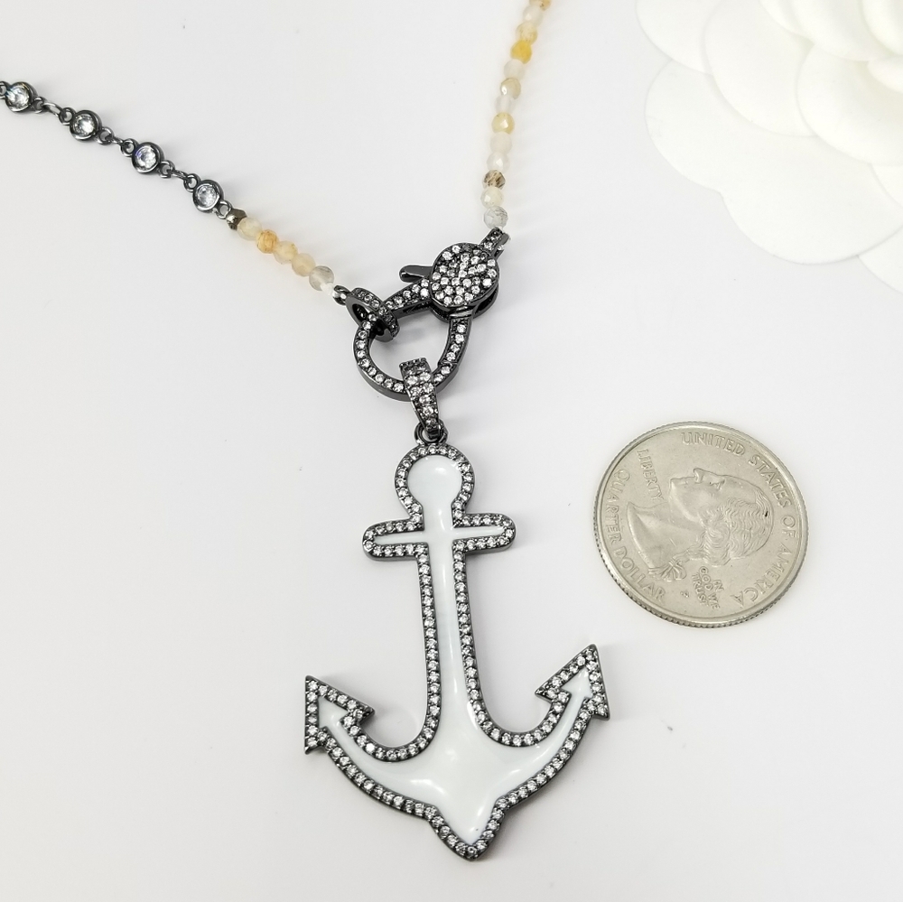 NEW White Enamel Anchor Charm Pave CZ Necklace NWT - Picture 5 of 8